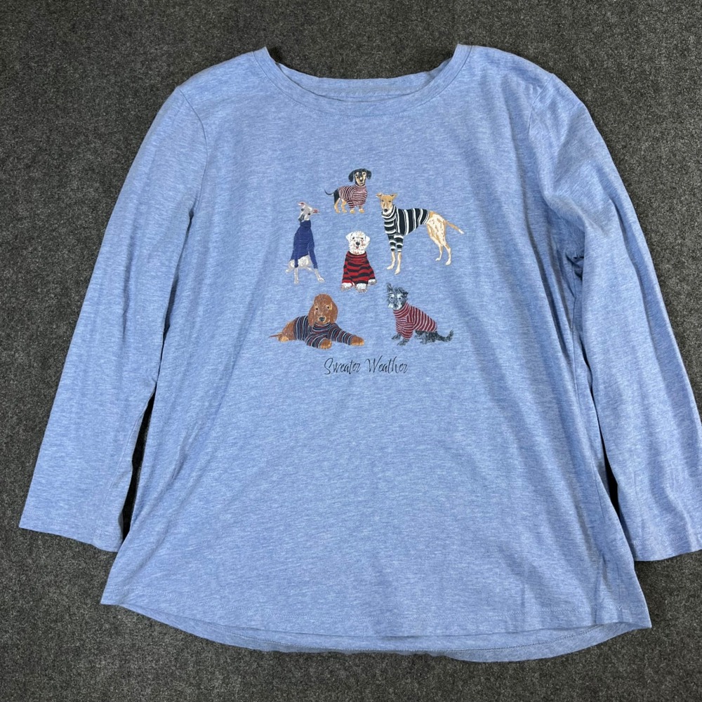 Talbots Womens M Blue Dog Sweater Weather Graphic Long Sleeve Cotton Tee Shirt